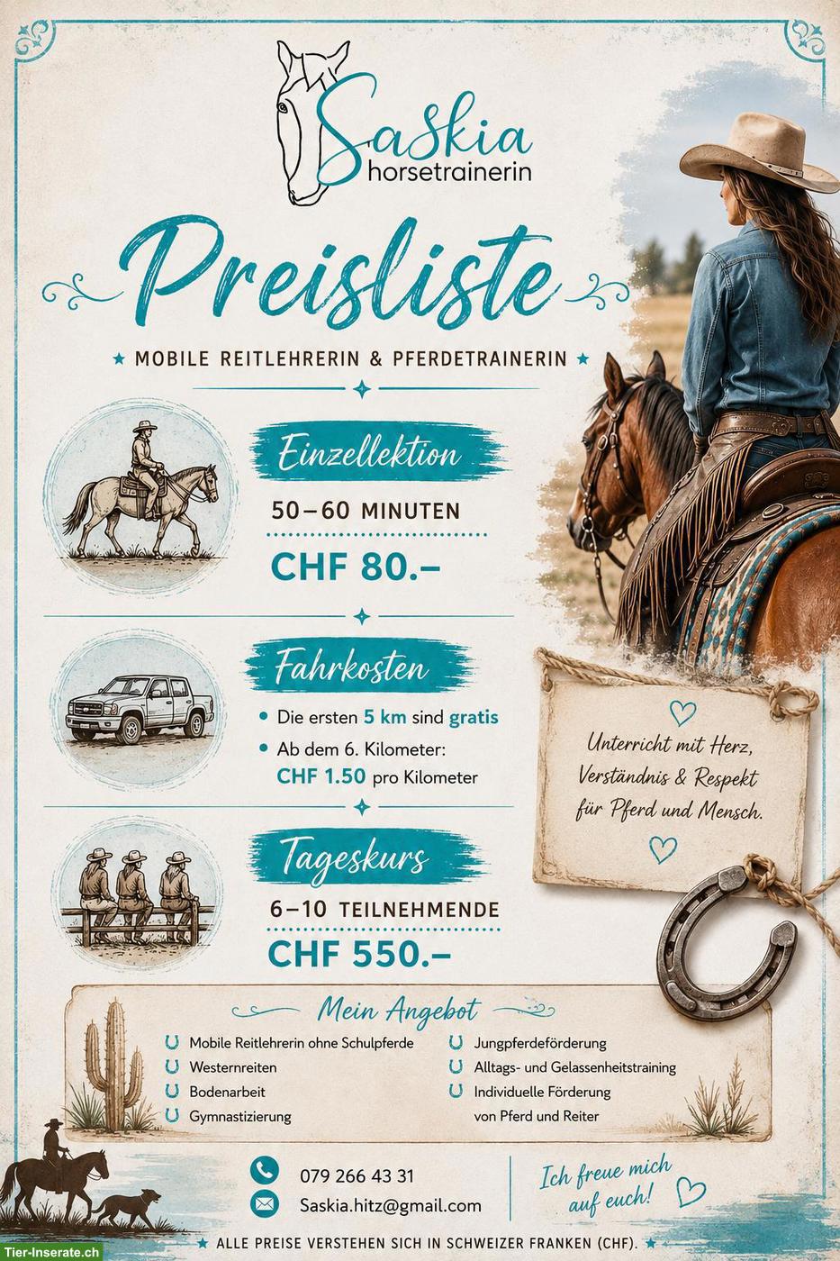 Mobile Reitlehrerin bietet Westernreitstunden, etc.