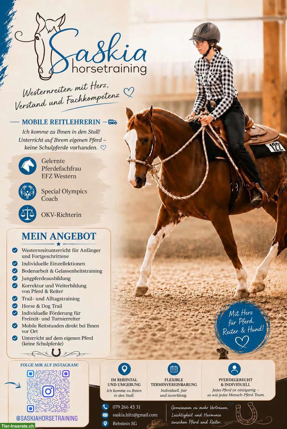 Bild 2: Mobile Reitlehrerin bietet Westernreitstunden, etc.