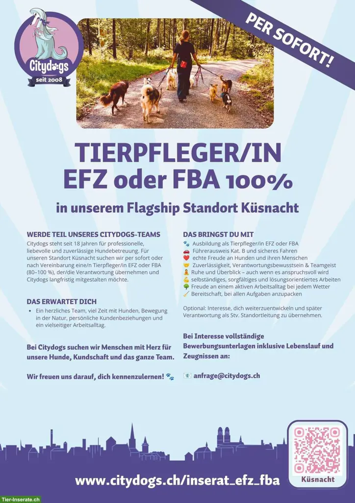 Gesucht: Tierpfleger/in EFZ/FBA 100%, Zürich